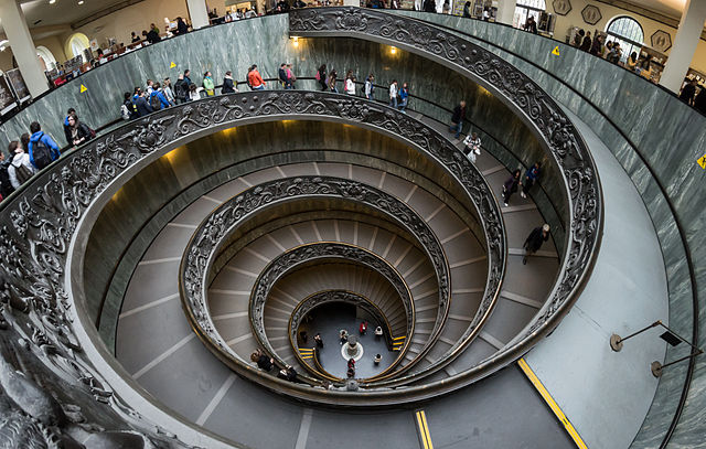 Bild på en folksamling i spiraltrappan i Vatikanmuséet.